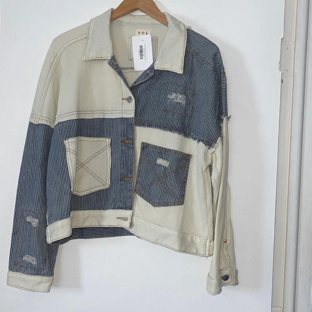 POL Ivory Multi Pinstripe Oversized Distressed Patchwork Jacket small NWT - Picture 2 of 7